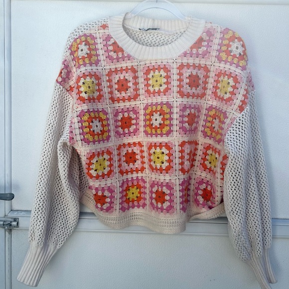Zara Crochet Sweater Women S Patchwork Square Colorful Puff Sleeve Granny Boxy - Picture 12 of 14